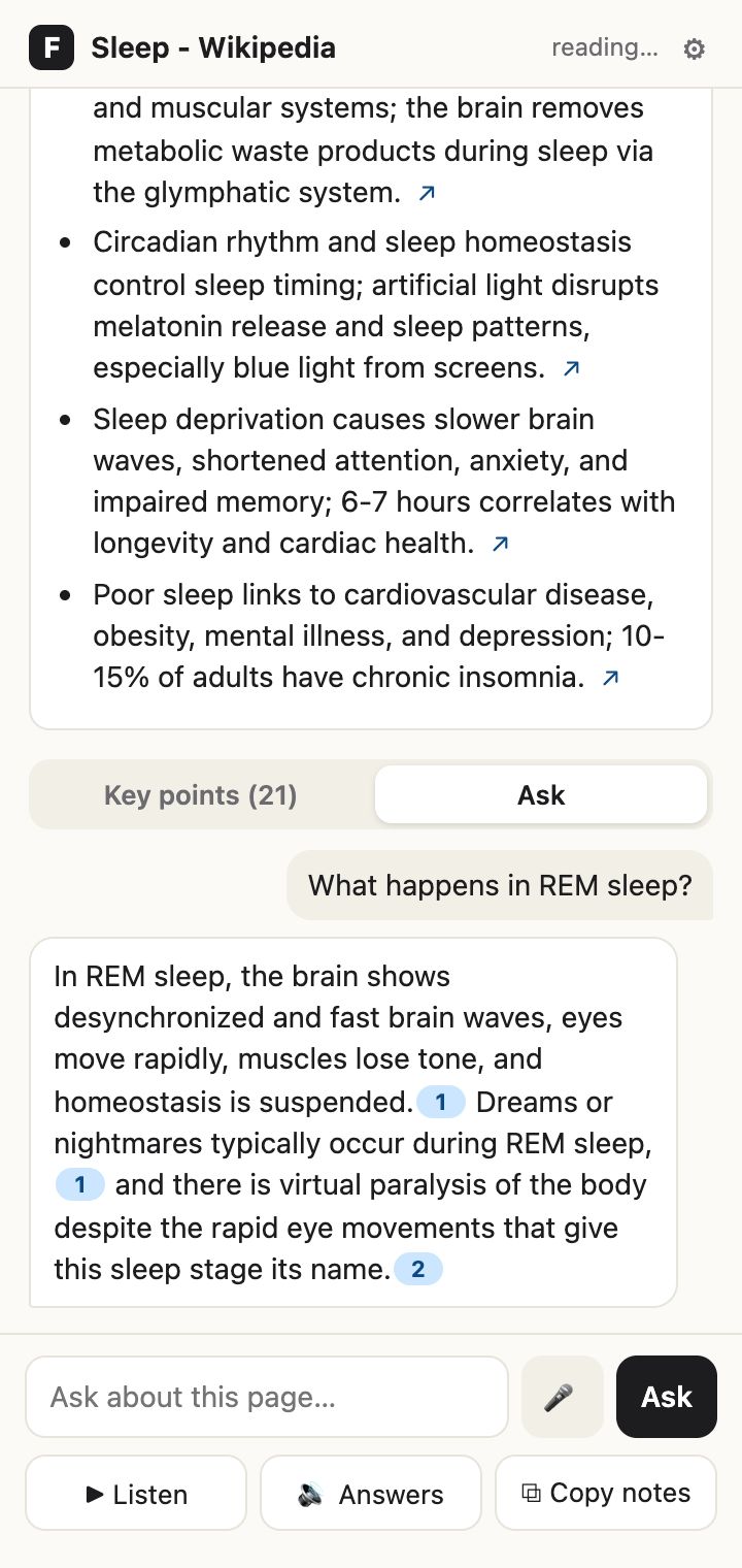 The question 'What happens in REM sleep?' answered with three numbered citations