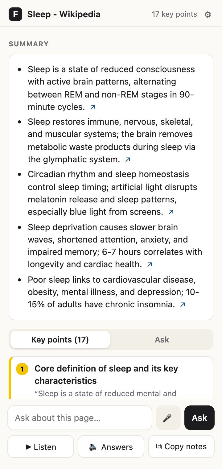 Frisk's side panel: a five-point summary of the Sleep article and the first key point
