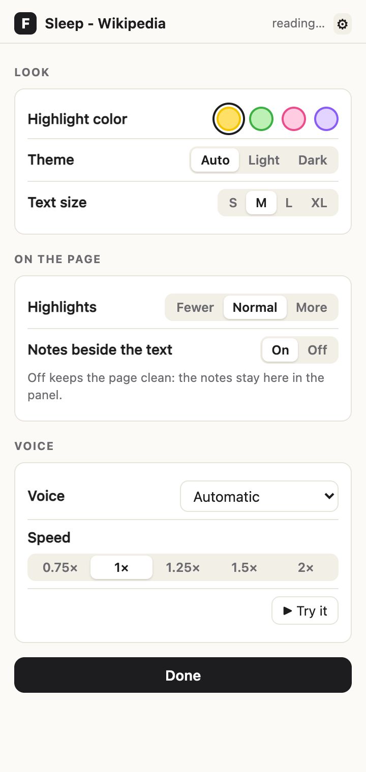 Frisk's settings: highlight color, theme, text size, number of highlights, notes, voice and speed